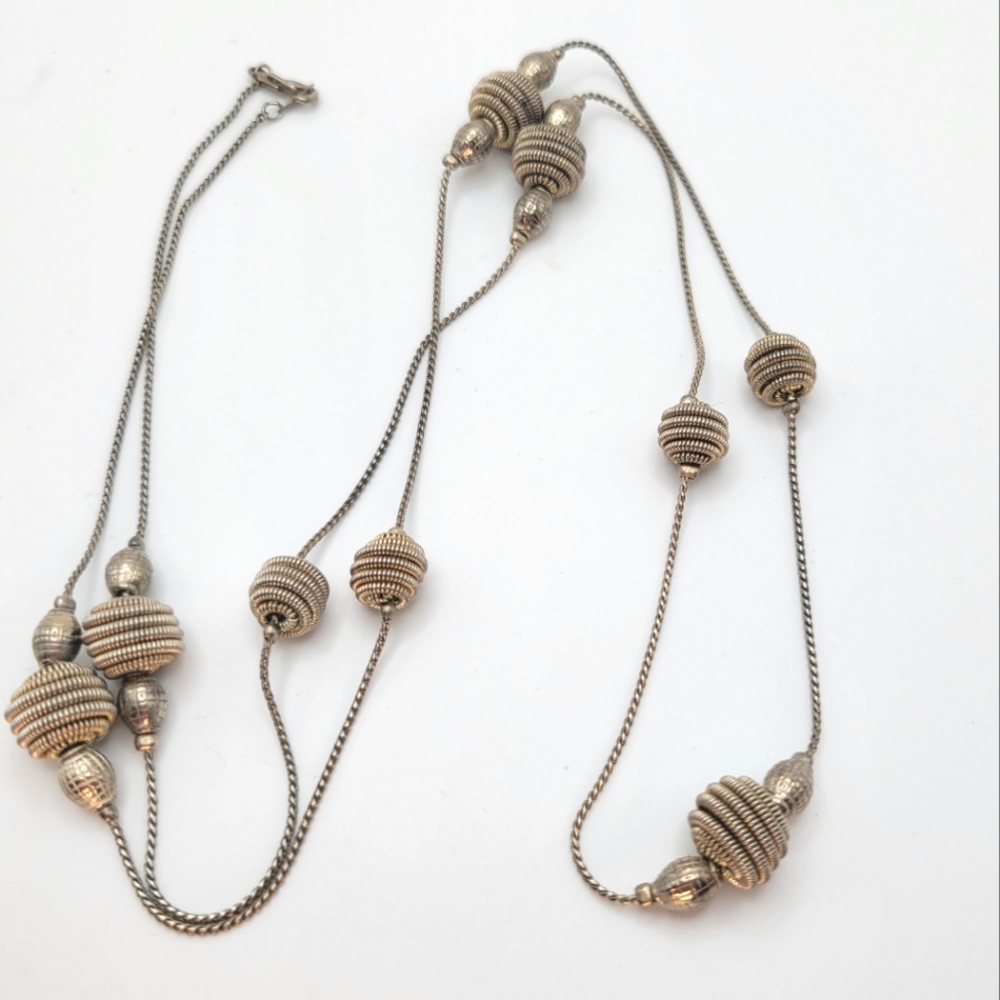Vintage Coil Wired Ball Silver-tone 14K GP Opera Necklace - Picture 1 of 8